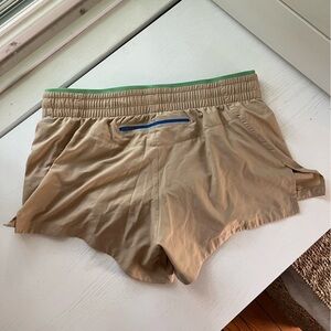 Fabletics Women’s Running Shorts – Khaki with Green Trim, Size Medium